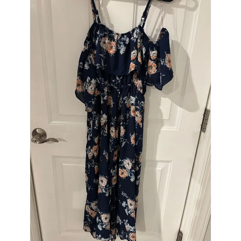 AS U WISH Navy Blue Floral‎ Overlay Jumpsuit Romper  Size M - Image 6