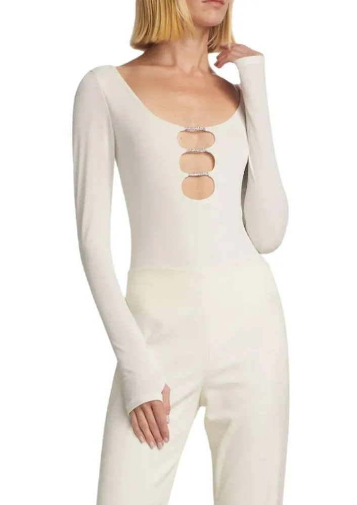 Alice + Olivia Kalena Cut-Out Bodysuit Ecru Women’s Sz L - Image 11