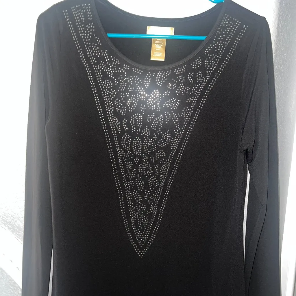 Miss Tina by Tina Knowles Embellished Tunic Dress | Black Rhinestone Top | Size - Image 3