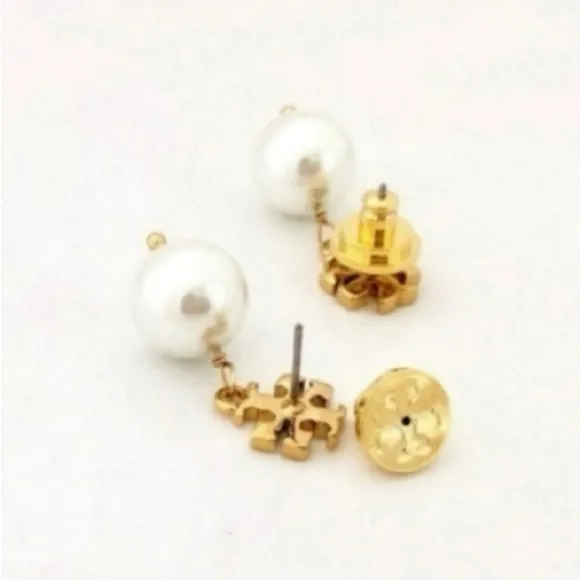 NWOT Tory Burch Logo White Faux Crystal Pearl Gold Drop Earrings - Image 4