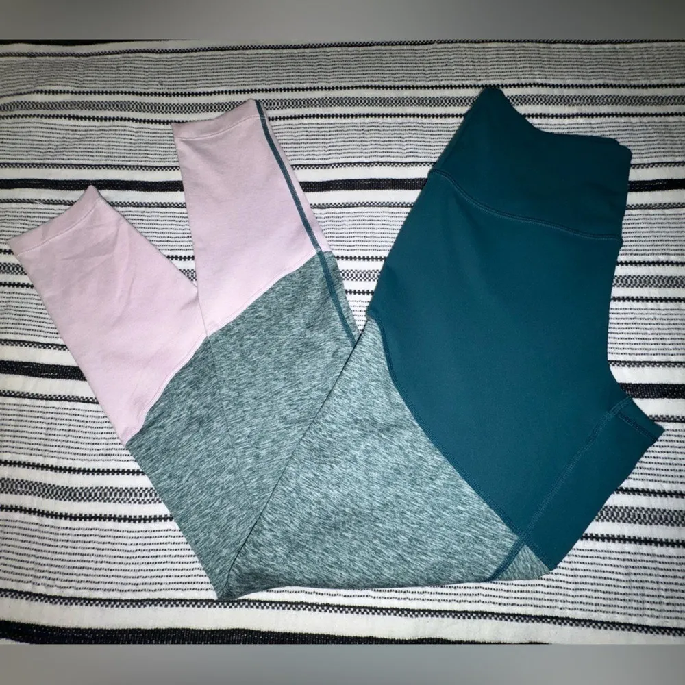 Colorblock High Waisted Yoga Leggings‎ Teal Pink Gray Athleisure Workout Pants Blue Size M - Image 3
