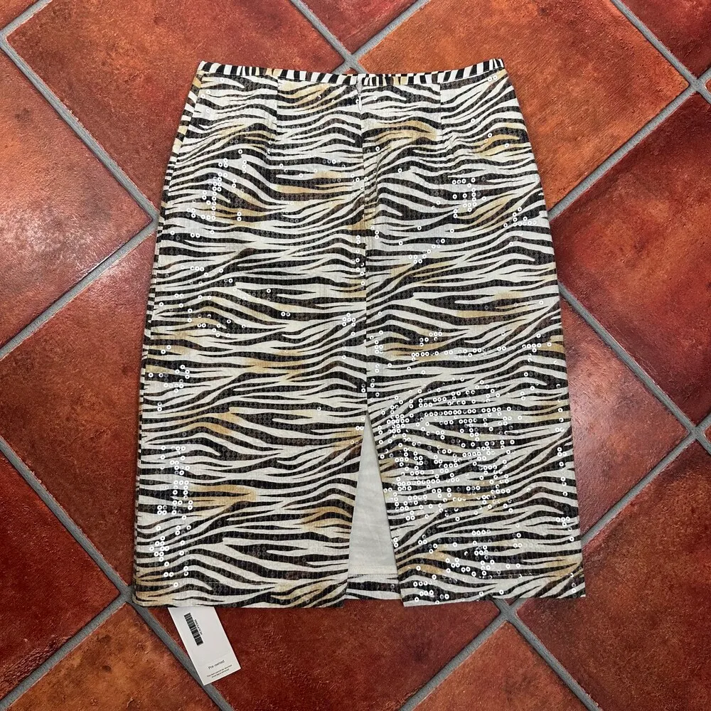 Le Superbe Statement Zebra Print Sequin Knee Length Pencil Skirt Size 6 Black - Image 7