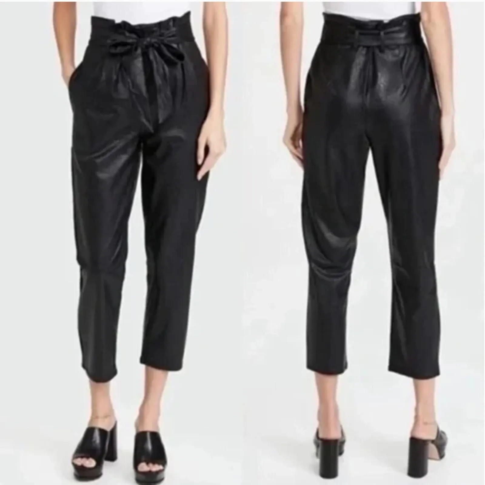 NWT Evereve Commando‎ Faux Leather Paperbag Pants Black Belted Edgy Size XS - Image 2
