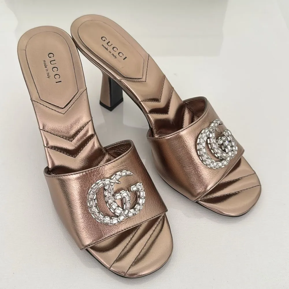 Gucci Marmont EU 37 US 7 Crystal GG Rose Gold Sandals Heels Metallic Nappa New - Image 2