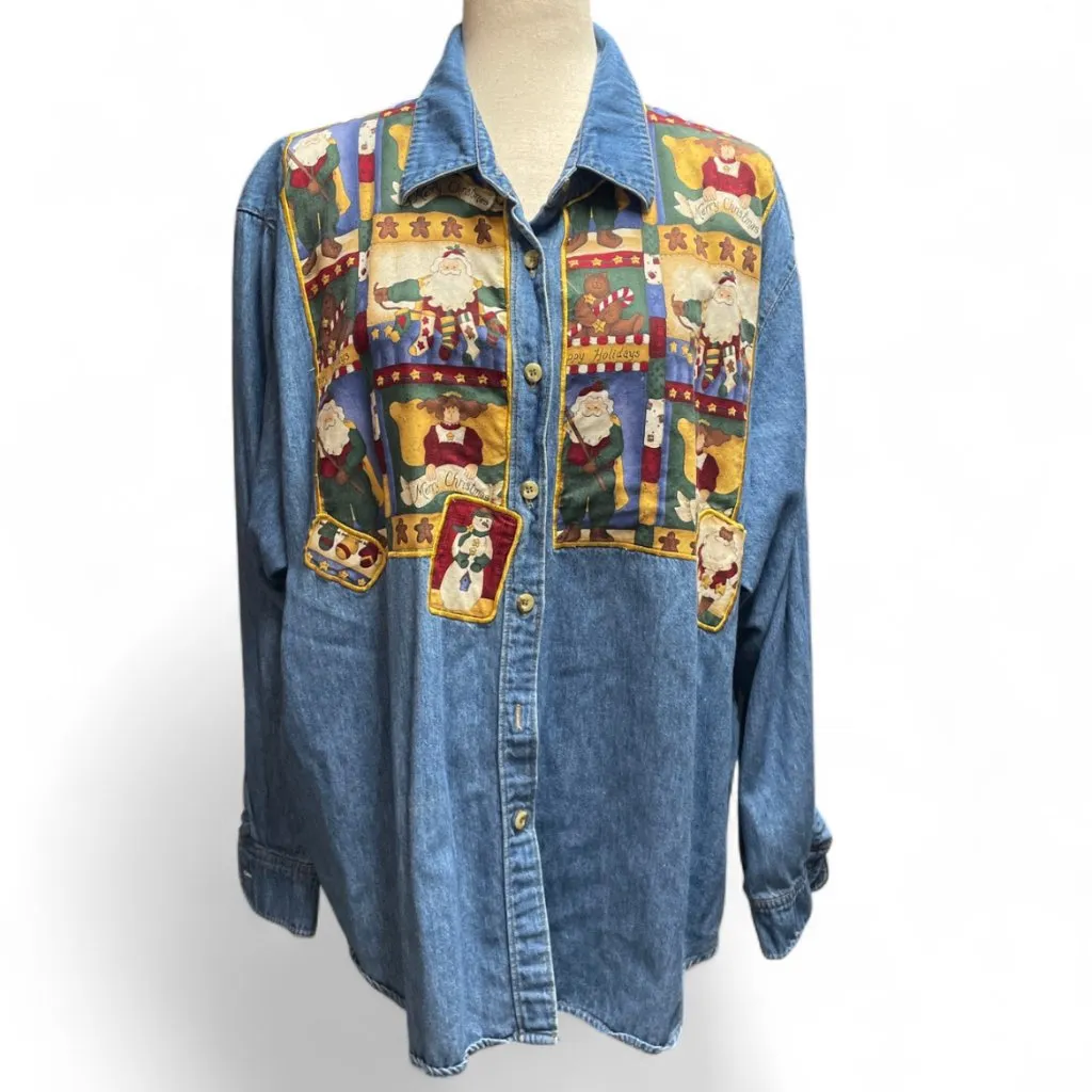 The Quacker Factory Vintage Womens Holiday Santa Denim Longsleeve Button up 2X Blue - Image 2