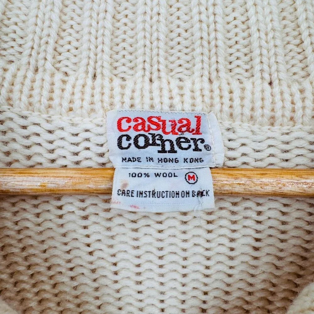 Vintage Casual Corner Cardigan Sweater Medium Cream 100% Wool Chunky Button Belt - Image 6