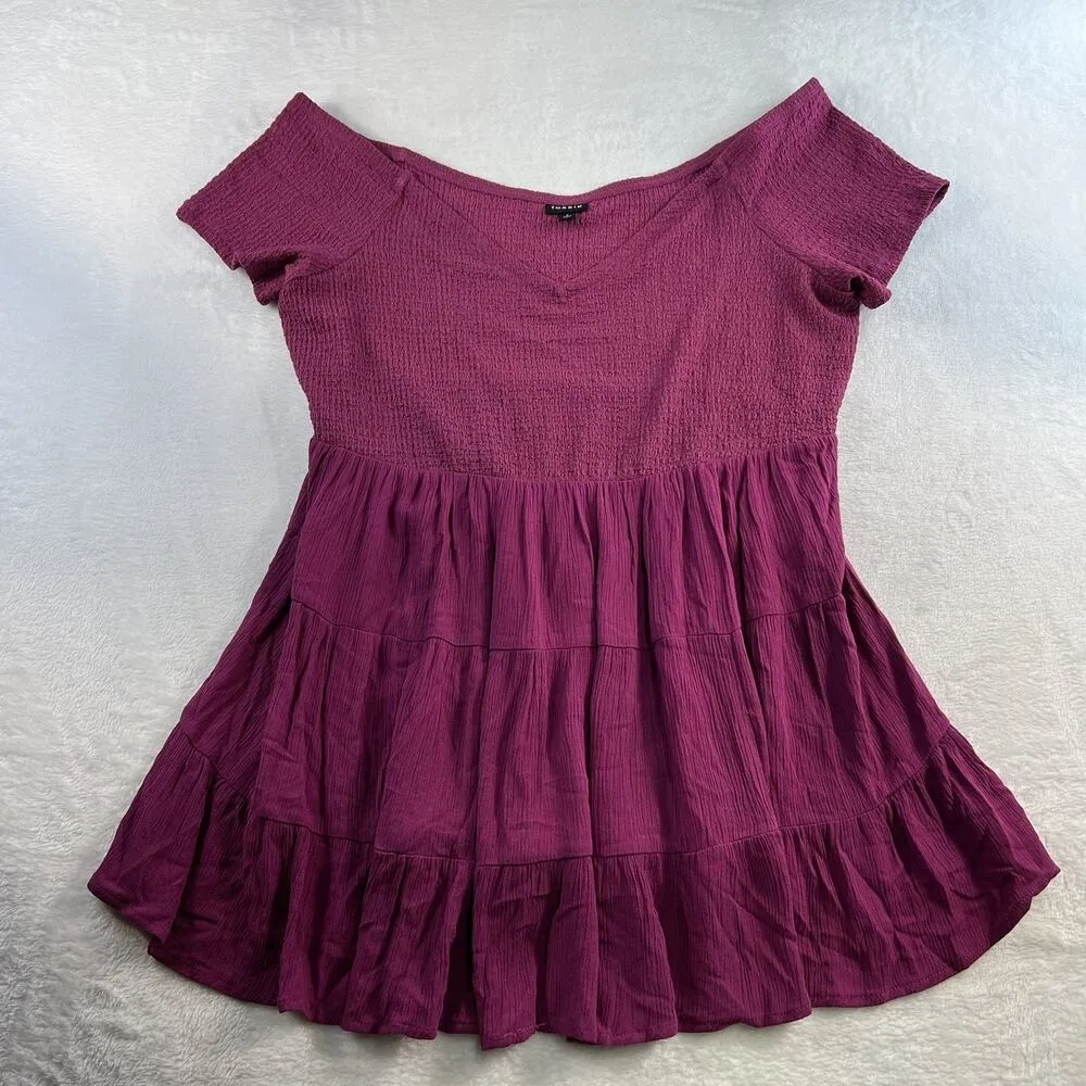 Torrid Plus 2X Top Knit Crinkle Gauze Off The Shoulder Smocked Bodice Blouse - Image 4