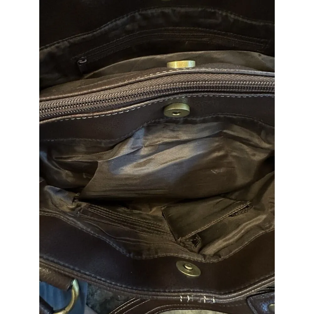 Brown Genuine Leather Purse Double Strap Snap Close Shoulder Bag Brass Hardware - Image 11