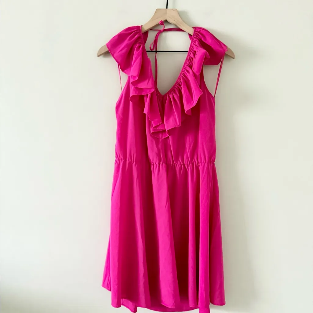 NWT A by Amanda Uprichard Halter Neck Ruffle Mini Dress in Bright Pink Size L Size L - Image 2