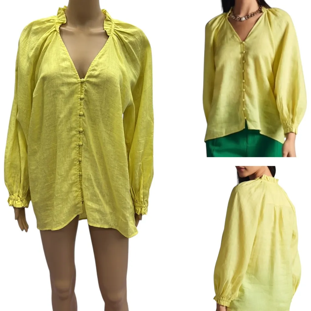 Maeve Anthropologie The Audie Linen Puff Sleeve Button Up Blouse Yellow Womens L - Image 2