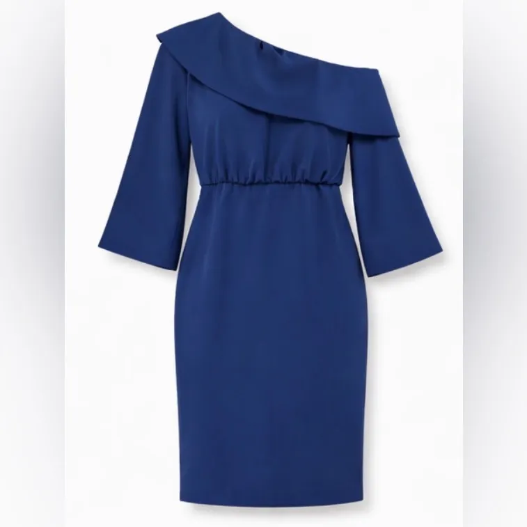 Badgley Mischka Navy Asymmetrical One-Shoulder Long Sleeve Cocktail Dress Size 4 - Image 2