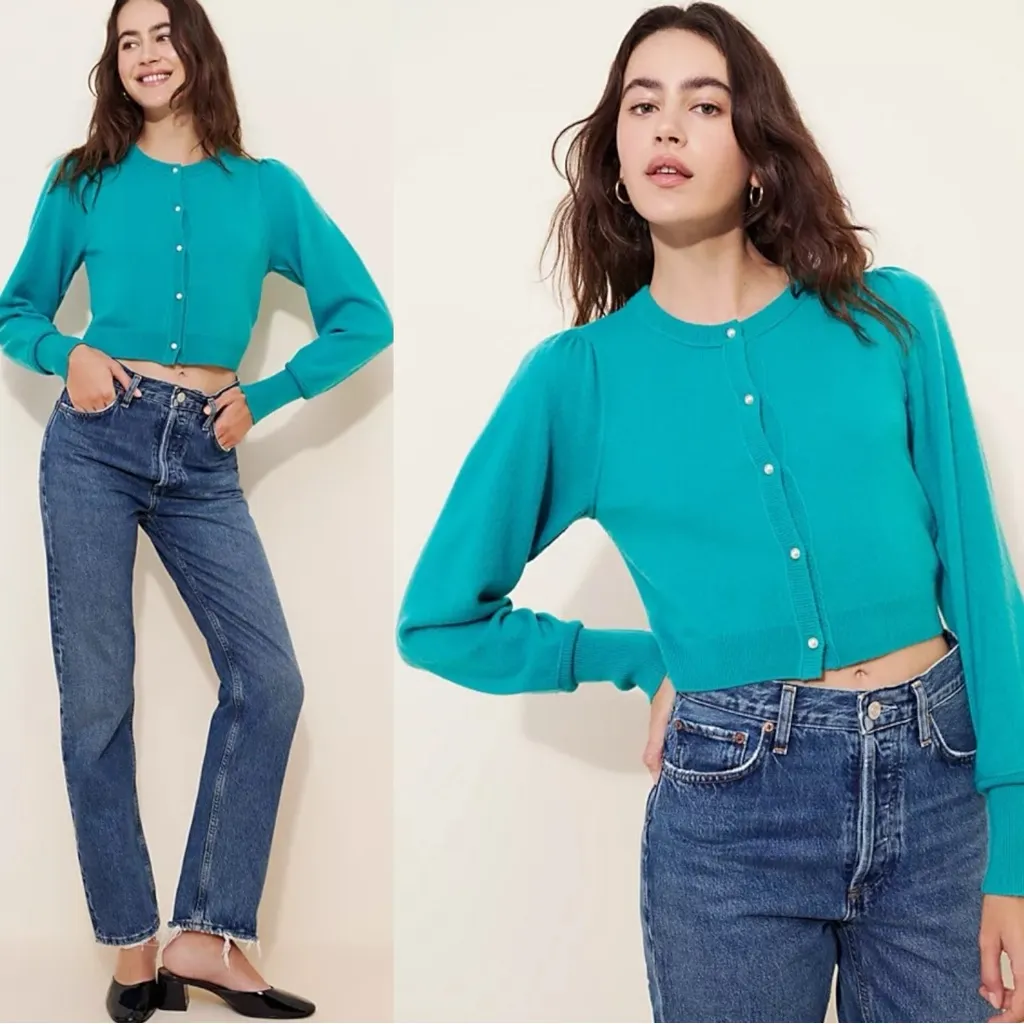 Free People Dainty Coquette Pearl Button Cashmere Cardigan Teal Blue Size Small - Image 2