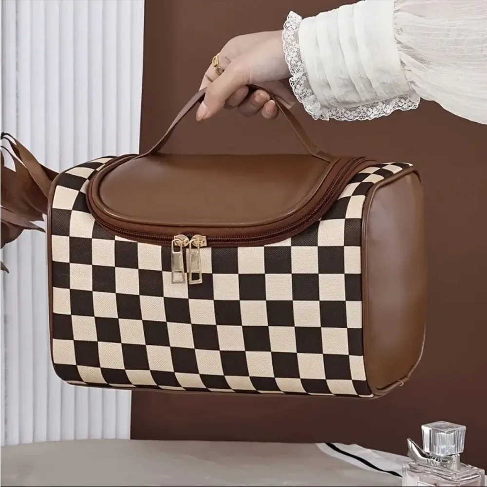 Brown Checker Faux Leather Cosmetic Makeup Bag Boxy Travel NWT - Image 5