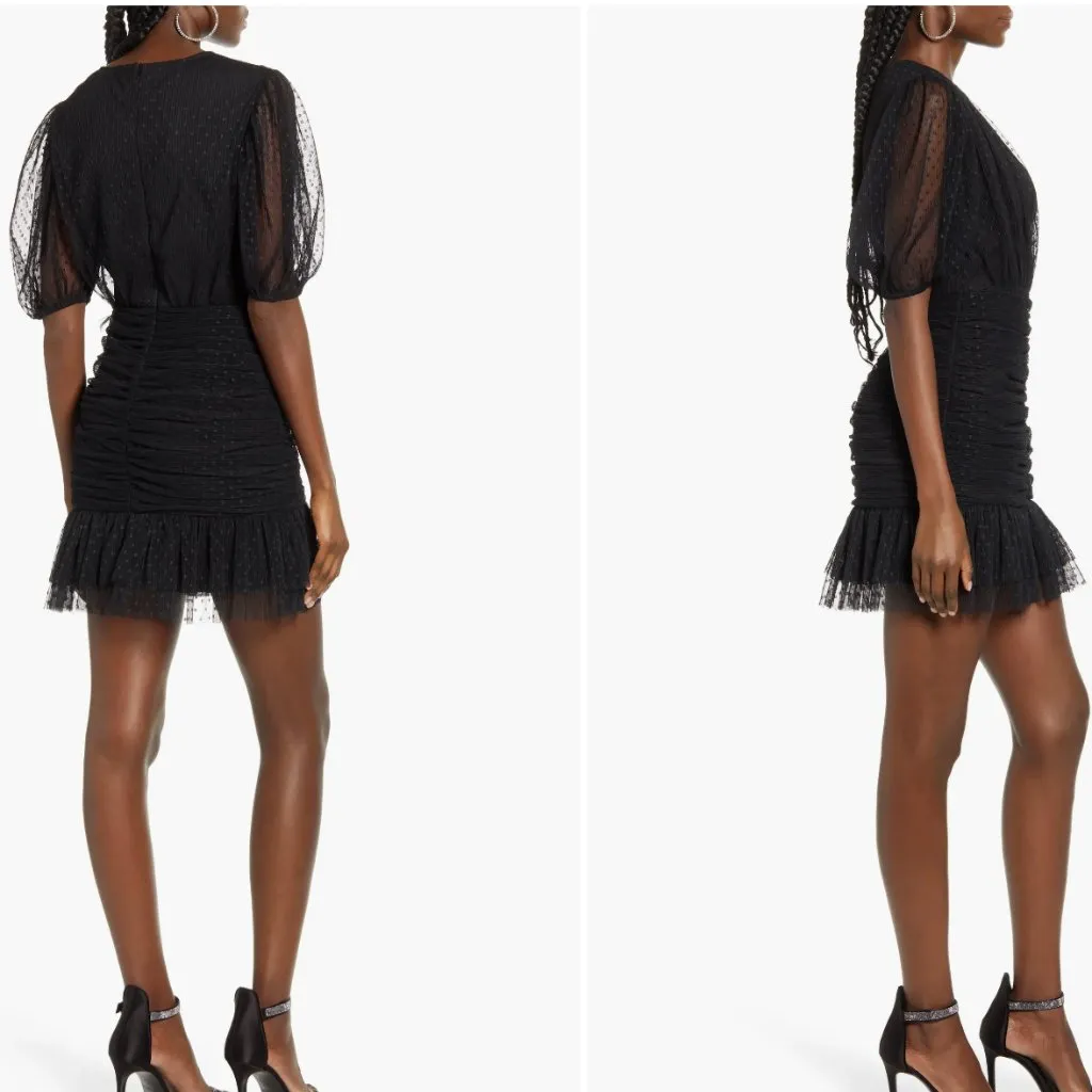 NWT ENDLESS ROSE Mesh Ruched Puff Sleeve Minidress In Black - Image 8