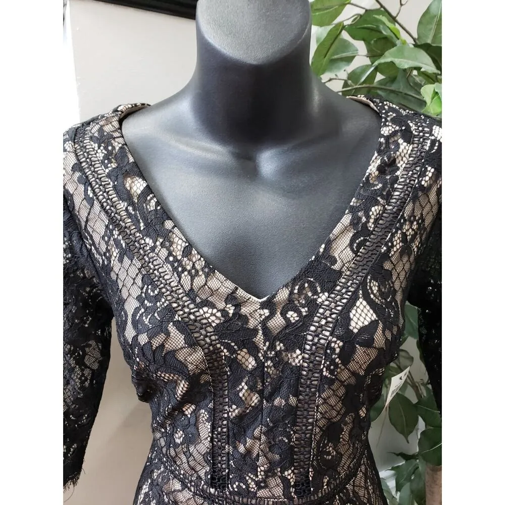 Thalia Sodi Women's Black & Beige Lace Floral Long Sleeve V-Neck Sheath Dress 2 - Image 5
