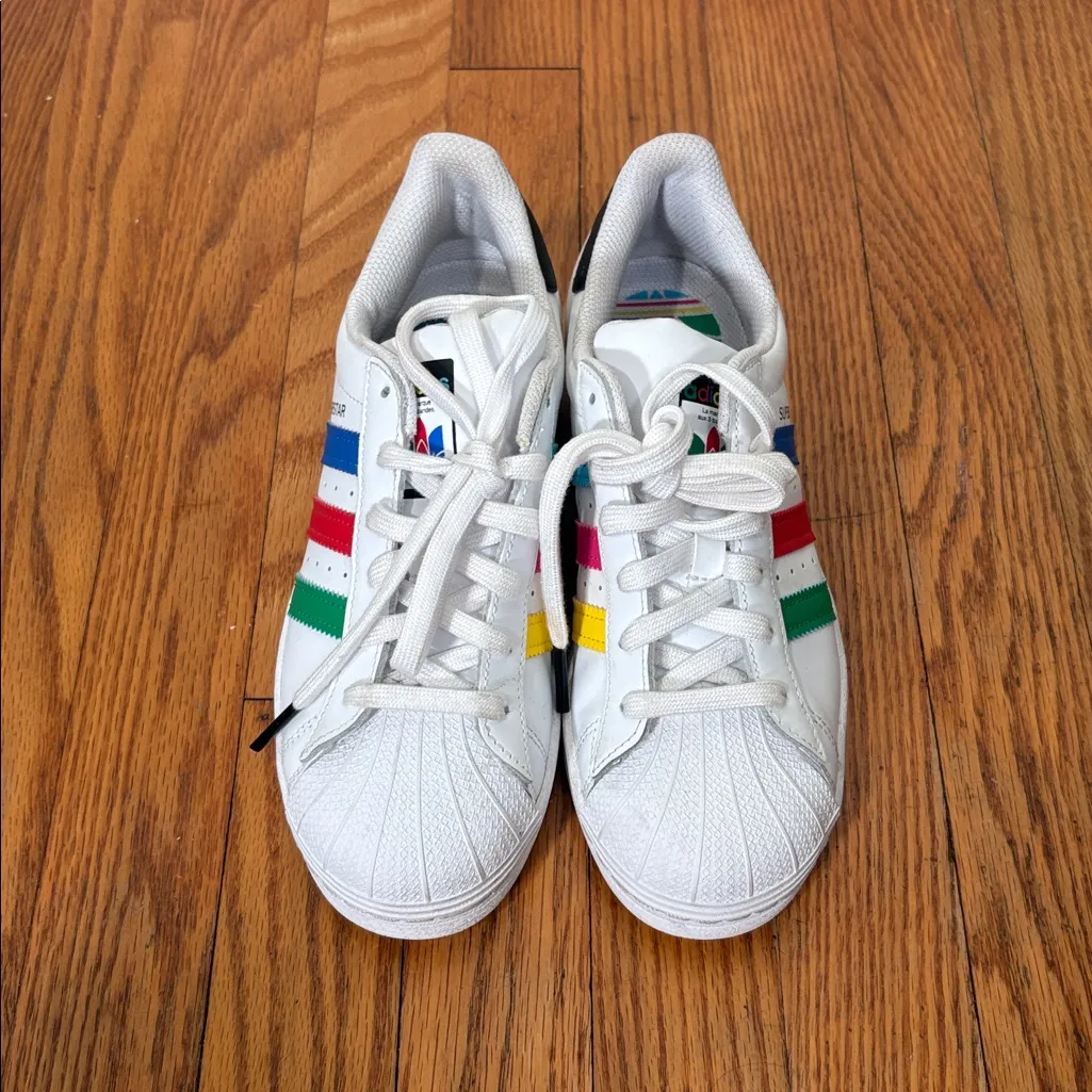 Adidas Superstar "J" Colorful Stripes Cloud White Sneaker Men's size 5 Women 6.5 - Image 4