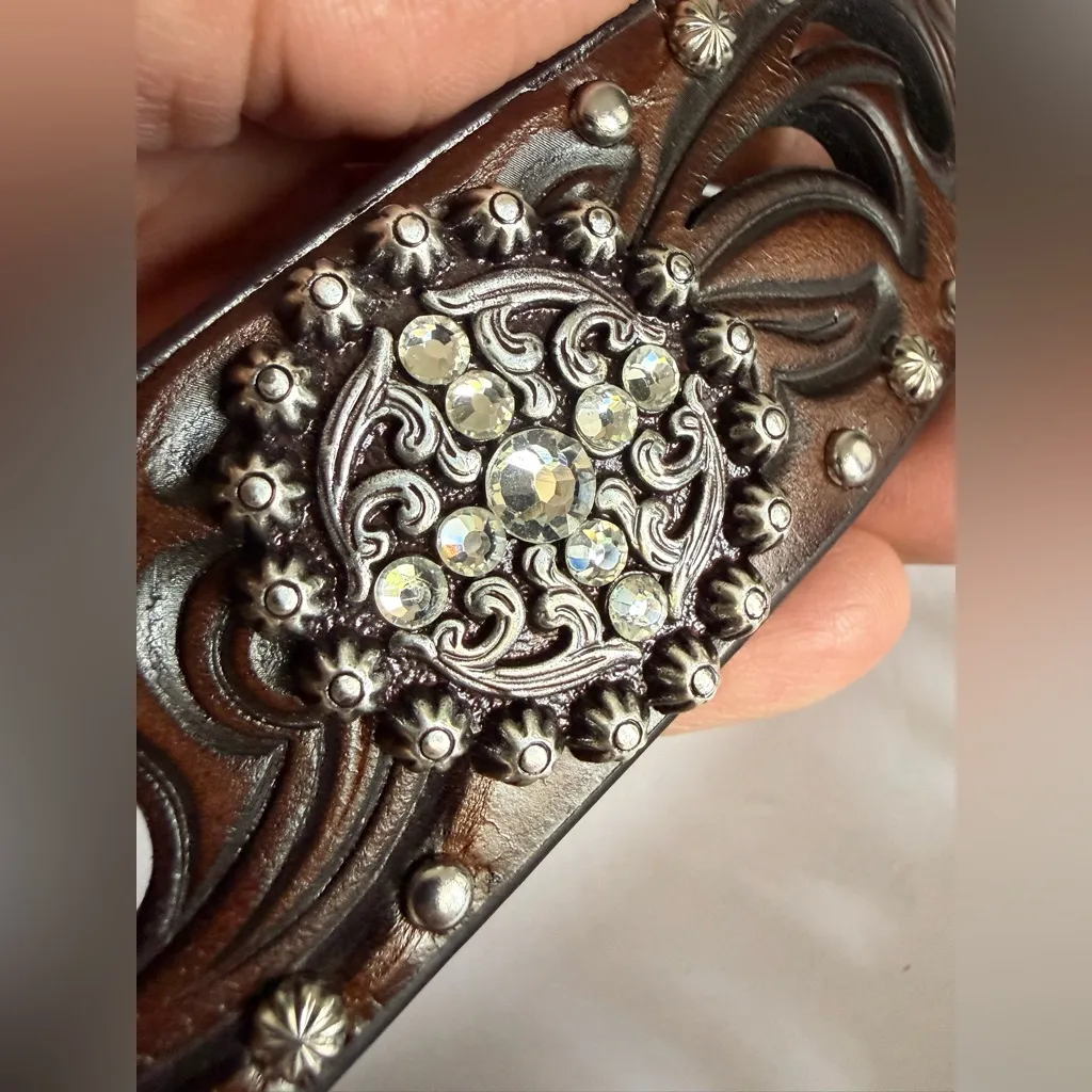 Ariat Western Tooled Brown Leather Belt Rhinestone Buckle Conchos Cowgirl Size L - Image 7