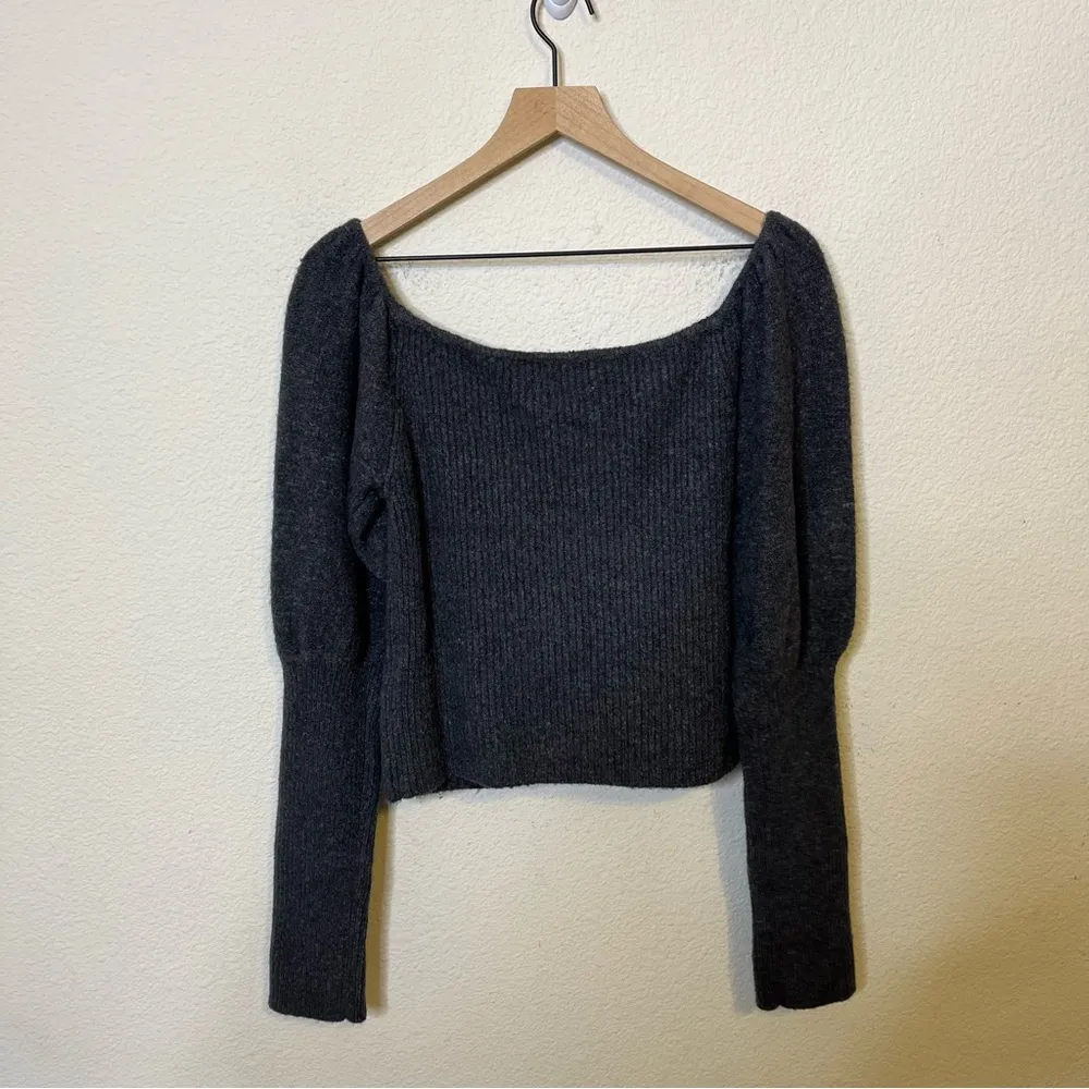 By Anthropologie Off The Shoulder Puff Sleeve Sweater Grey Womens Size L - Image 5