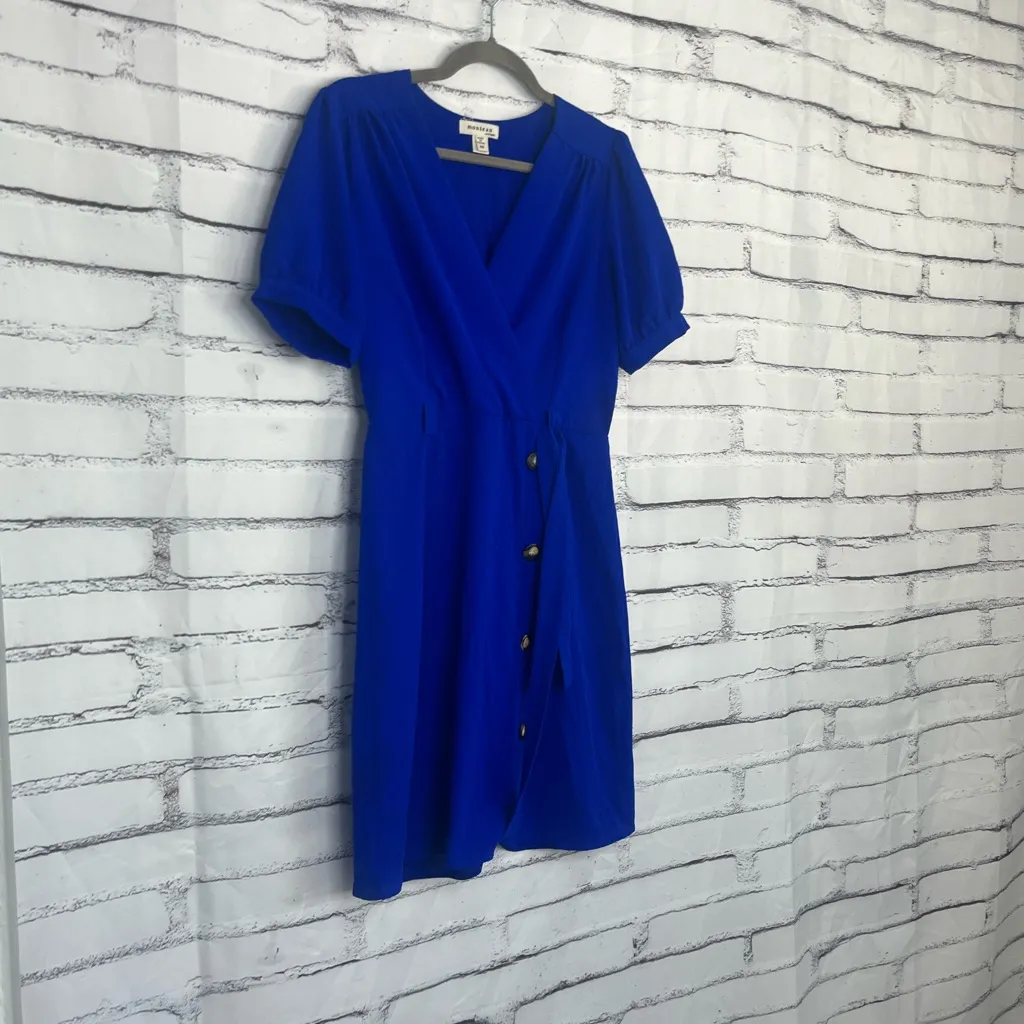 Monteau Royal Blue Wrap Dress Short Sleeve Button Front Tie Waist Women’s M - Image 2