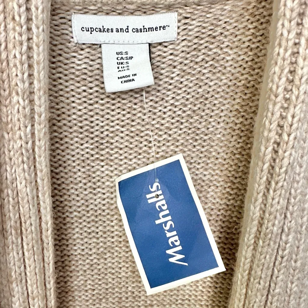 NWT Cupcakes & Cashmere Tan Duster Cable Knit Fringe Hem Cardigan Sweater - Image 4