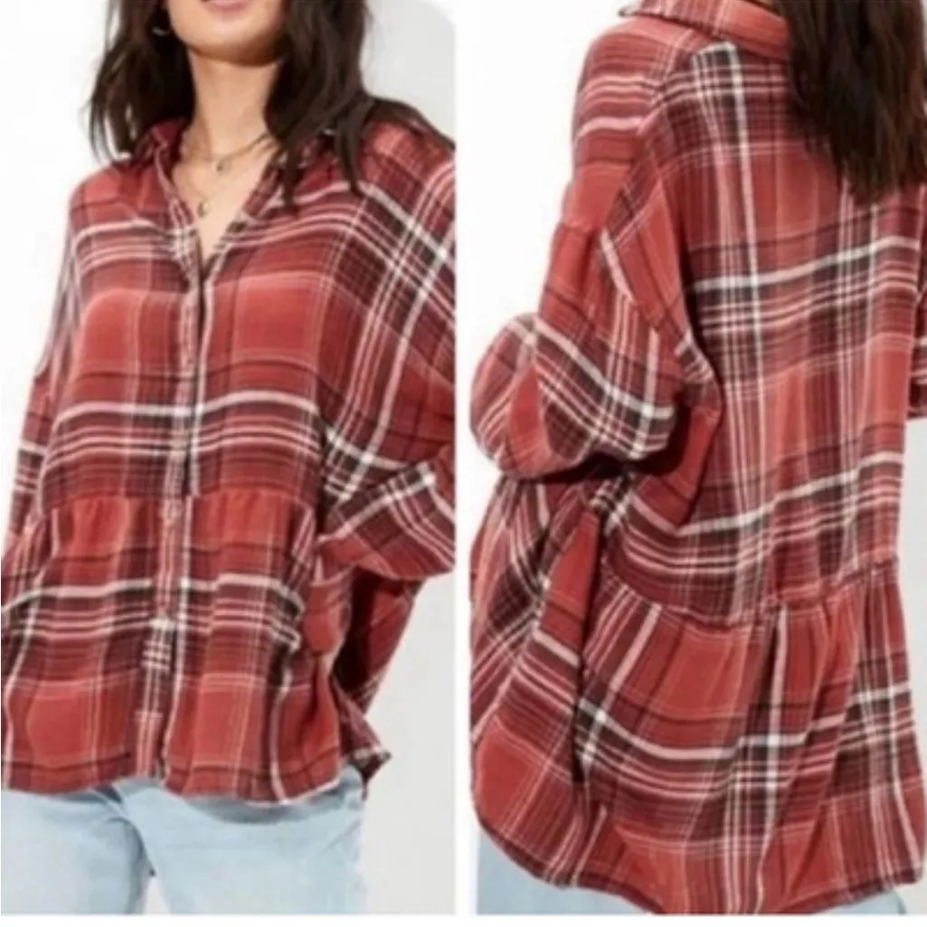 American Eagle oversized plaid peplum babydoll flannel medium - Image 2