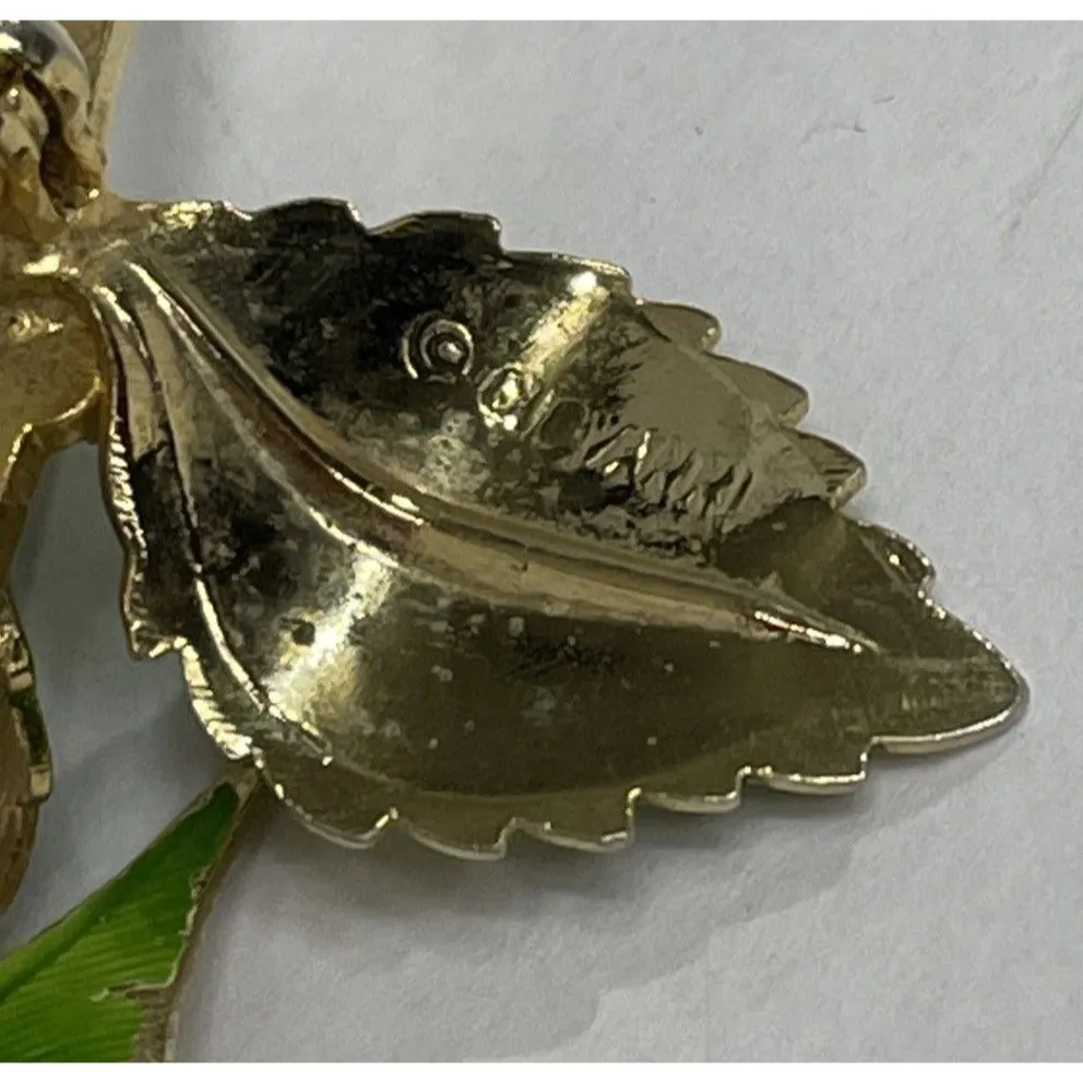 Vintage Giovanni Red Enamel Rose Brooch Gold Tone Stem Green Leaves Signed - Image 4