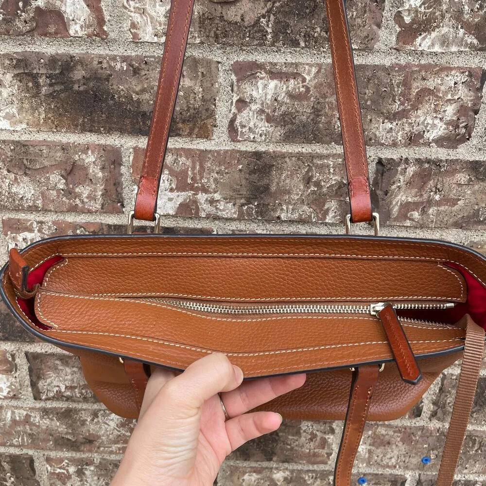 Dooney & Bourke Leather Brown Shoulder Bag Tote Classic Red Interior Purse - Image 11