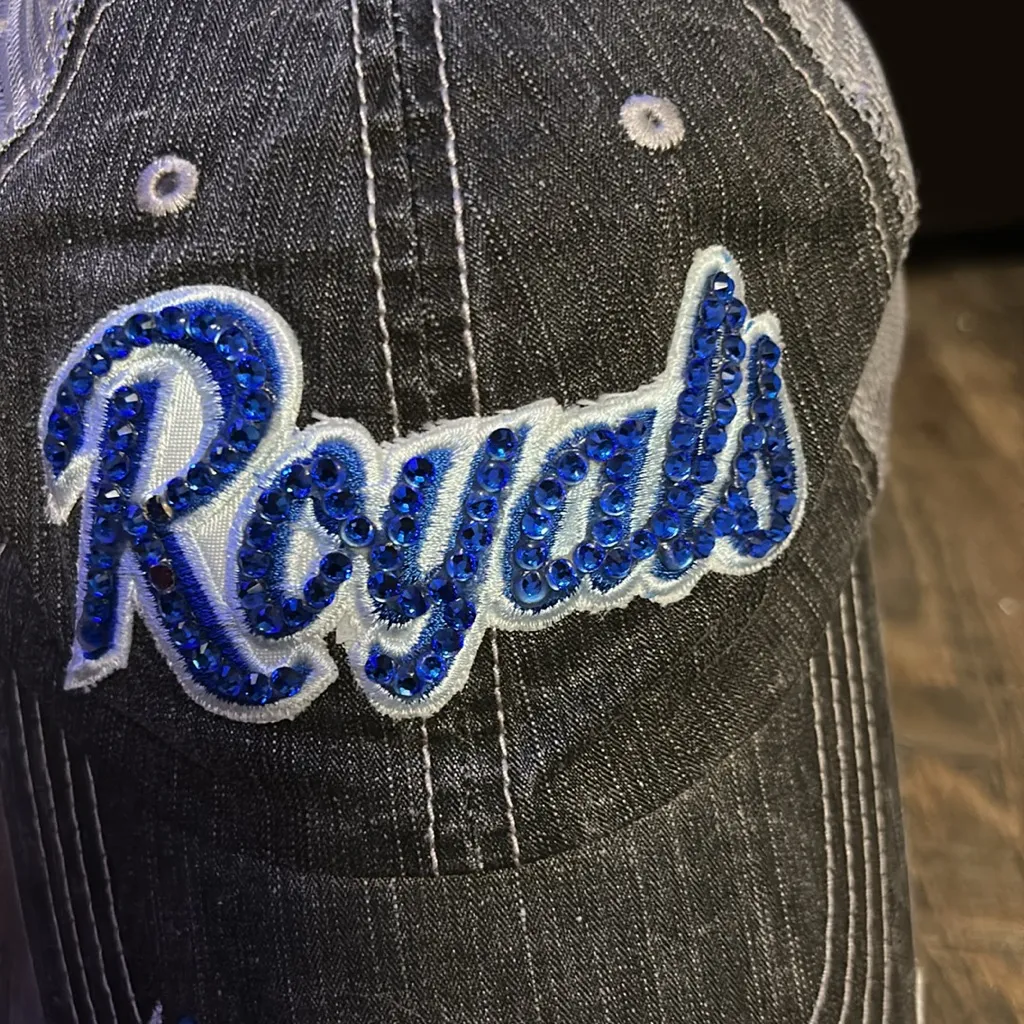 ROYALS Bling Hat Distressed Trucker Cap Royals Baseball Swarovski Rhinestones Blue - Image 2