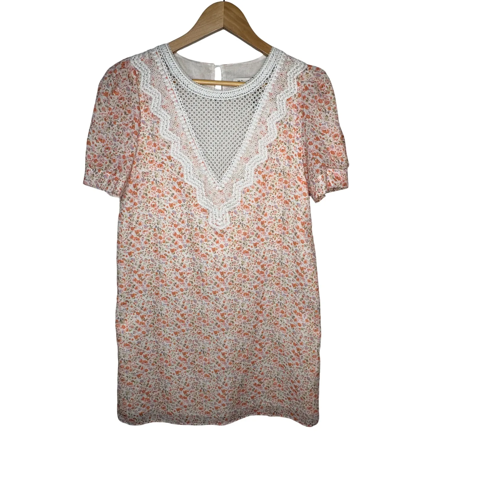 Molly Bracken Floral Dress Crochet Lace Yoke Puff‎ Sleeve Orange Size Small New - Image 2