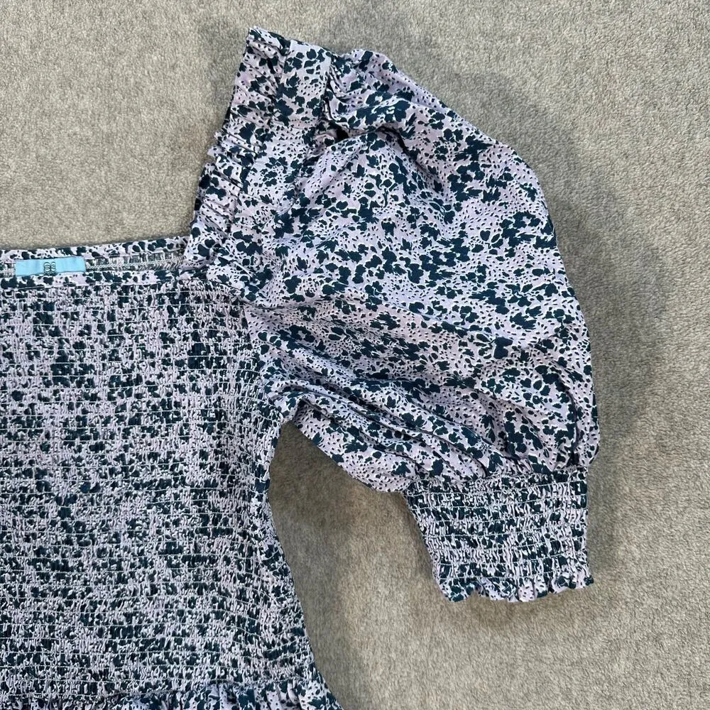 CeCe Puff Sleeve Top Women's Large Purple Floral Square Neck Smocked Ruffle - Image 3