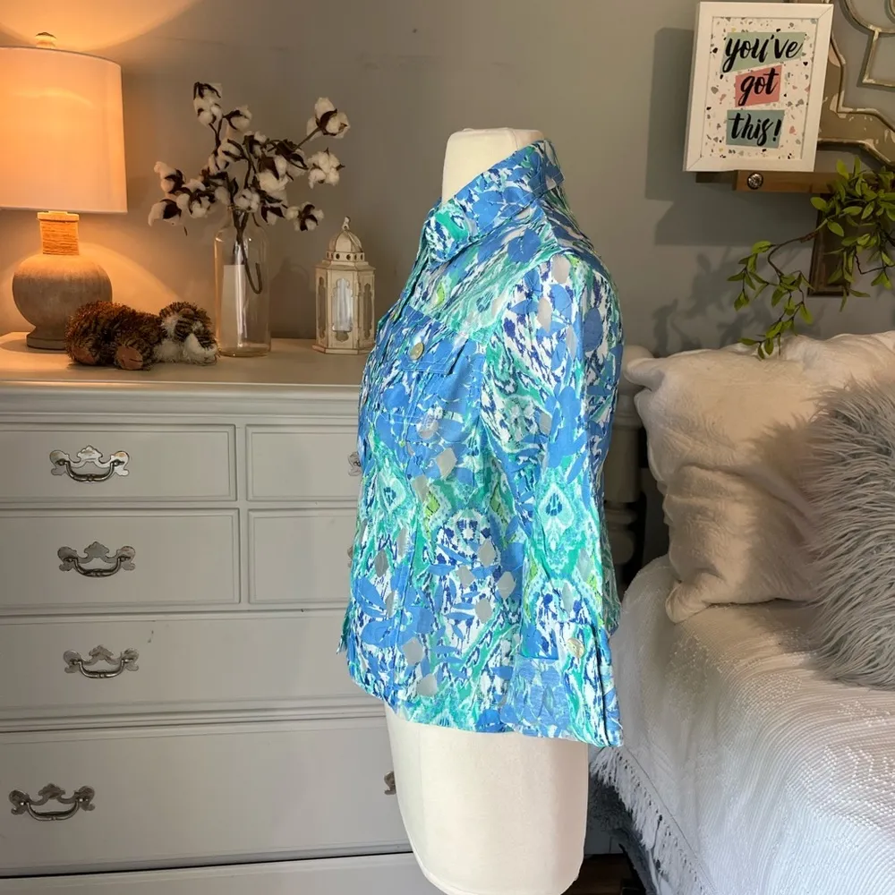 Ruby Rd Blue Floral Button Down Front Blouse Womens 6P Linen Coastal Grandma - Image 8