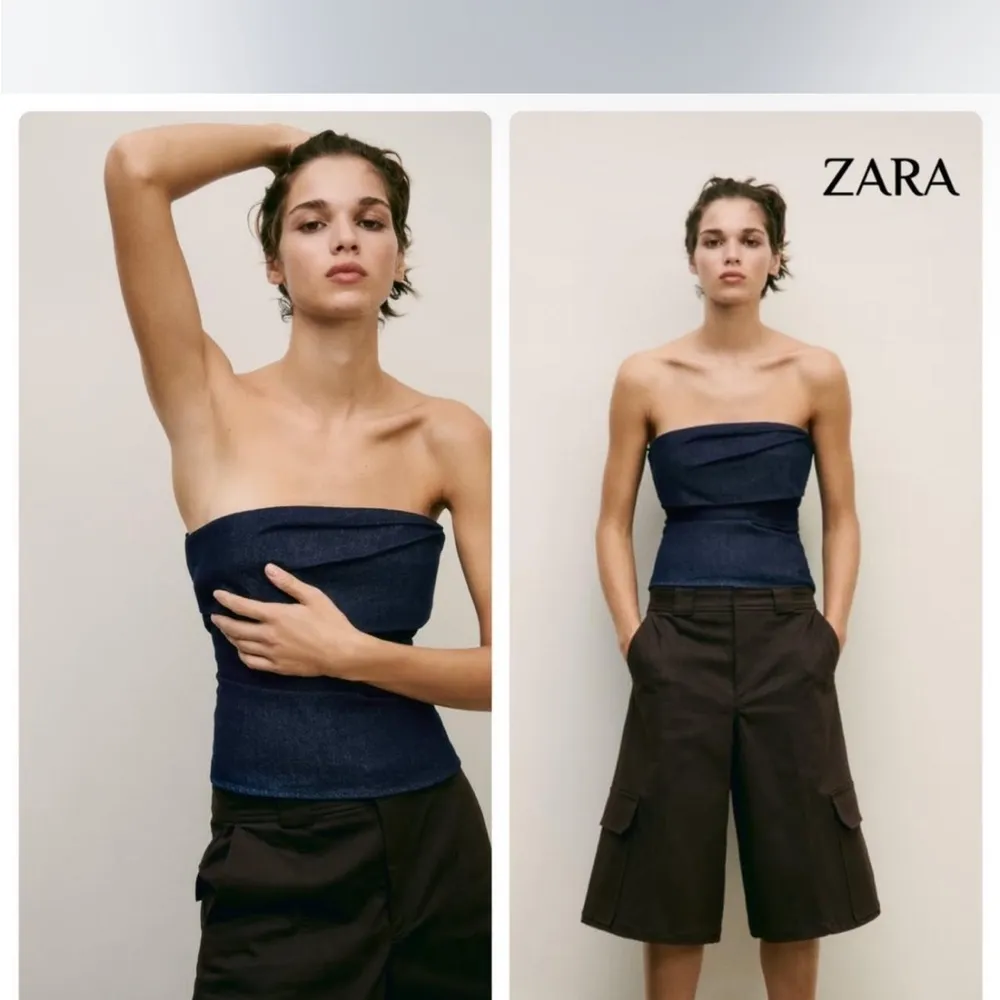 Zara blue Denim Strapless tube top with fold over detail NWOT - Image 3