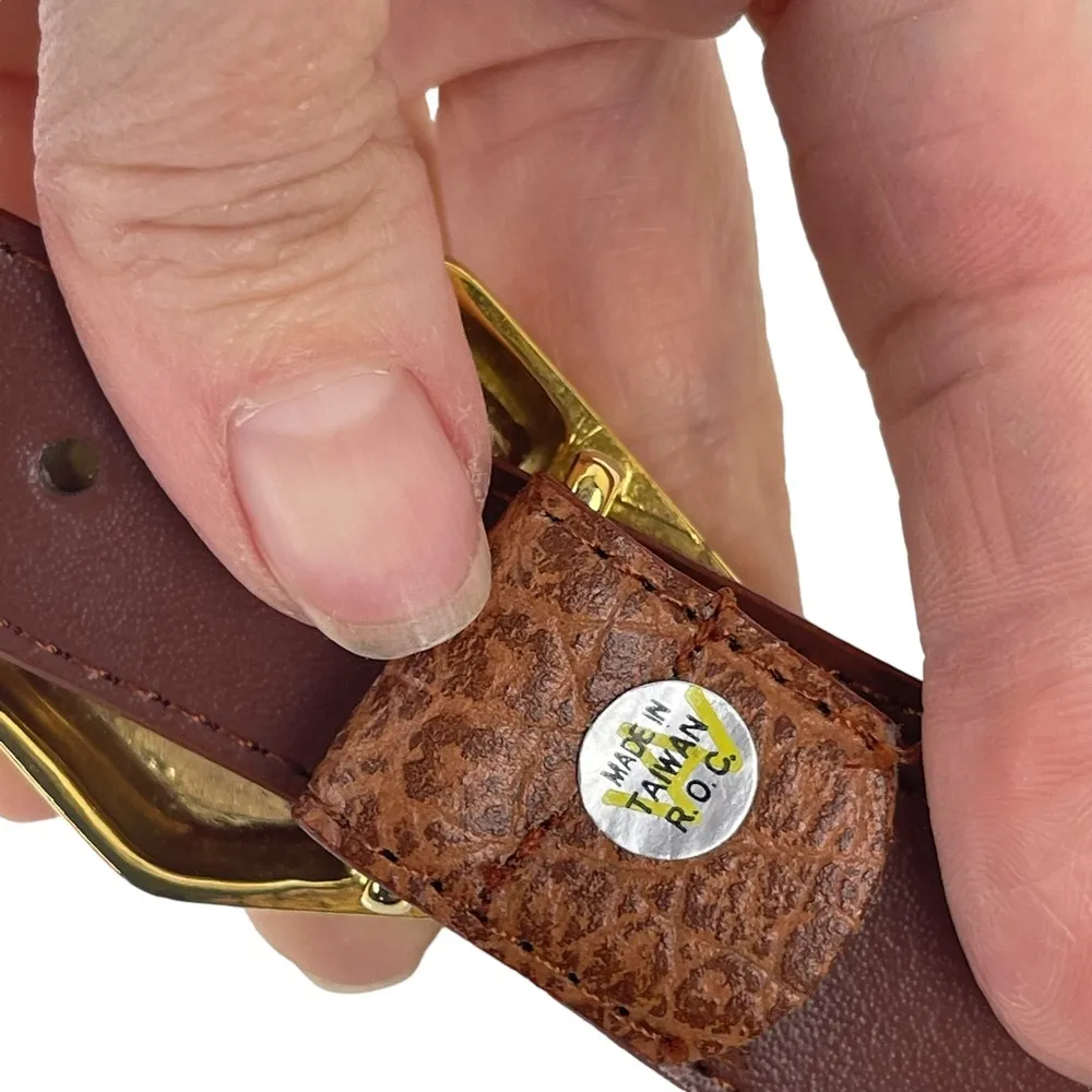 Vintage 80's Genuine Leather Belt Brown Medium Large Gold Silver Stripe Tone M/L - Image 6