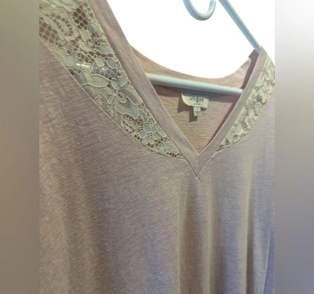 Umgee Womens Lace Boho Tunic Top Pink Cream 3/4 Sleeve V-Neck - Image 3