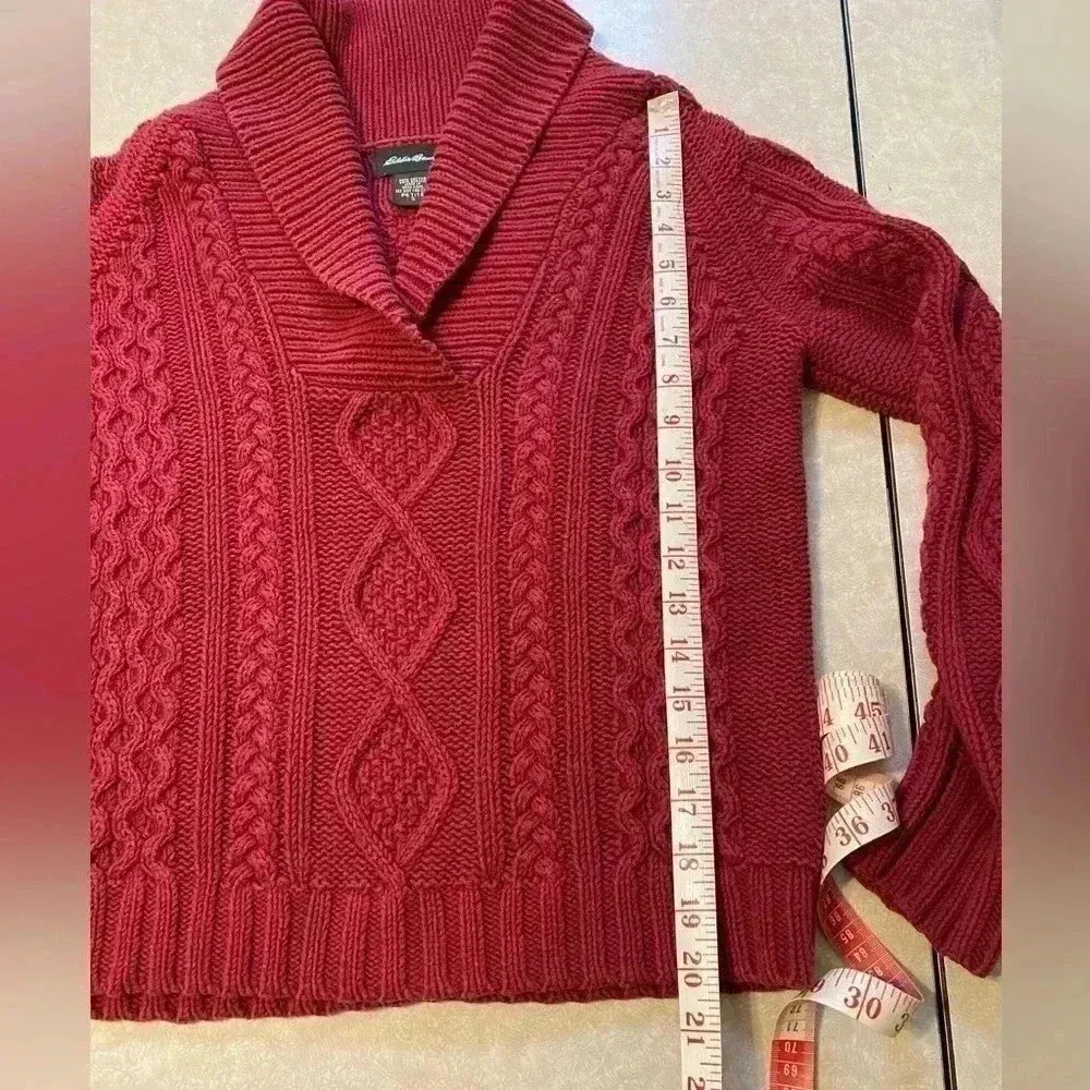 Vintage Eddie Bauer Womens Sweater Cable Knit Red Fisherman‎ Cowl V Neck Sz PS - Image 10