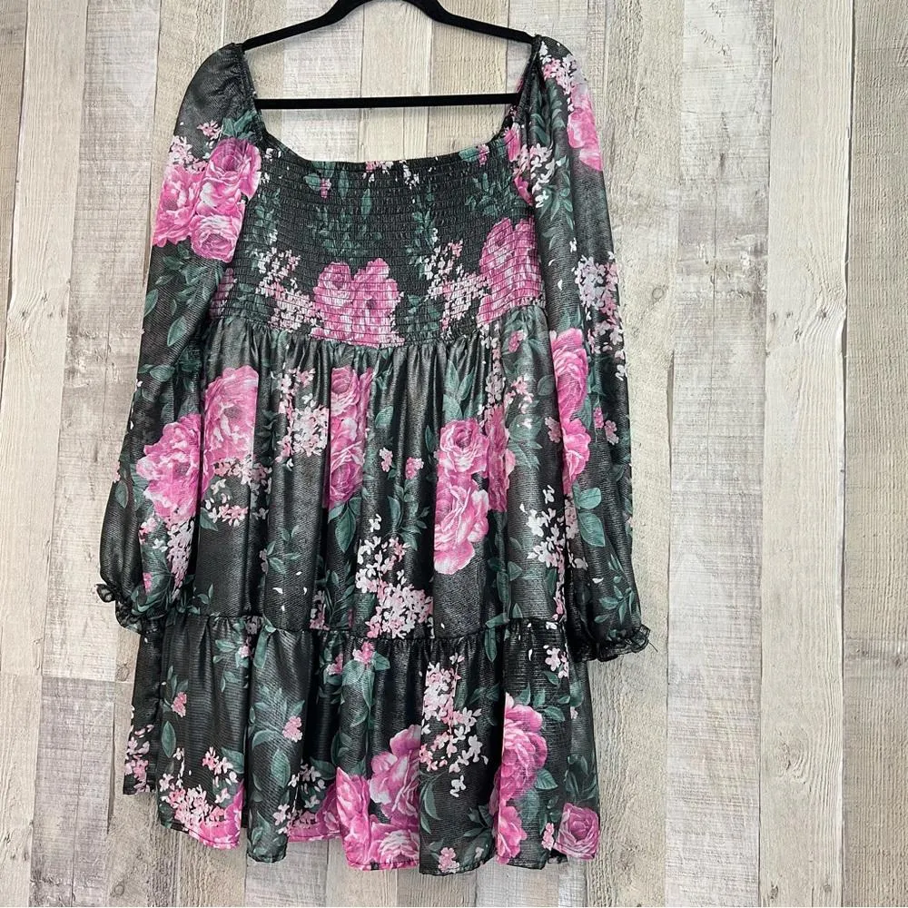 Crystal Doll Floral Babydoll Dress XL Smocked Square Neck Long Sleeve Boho - Image 3