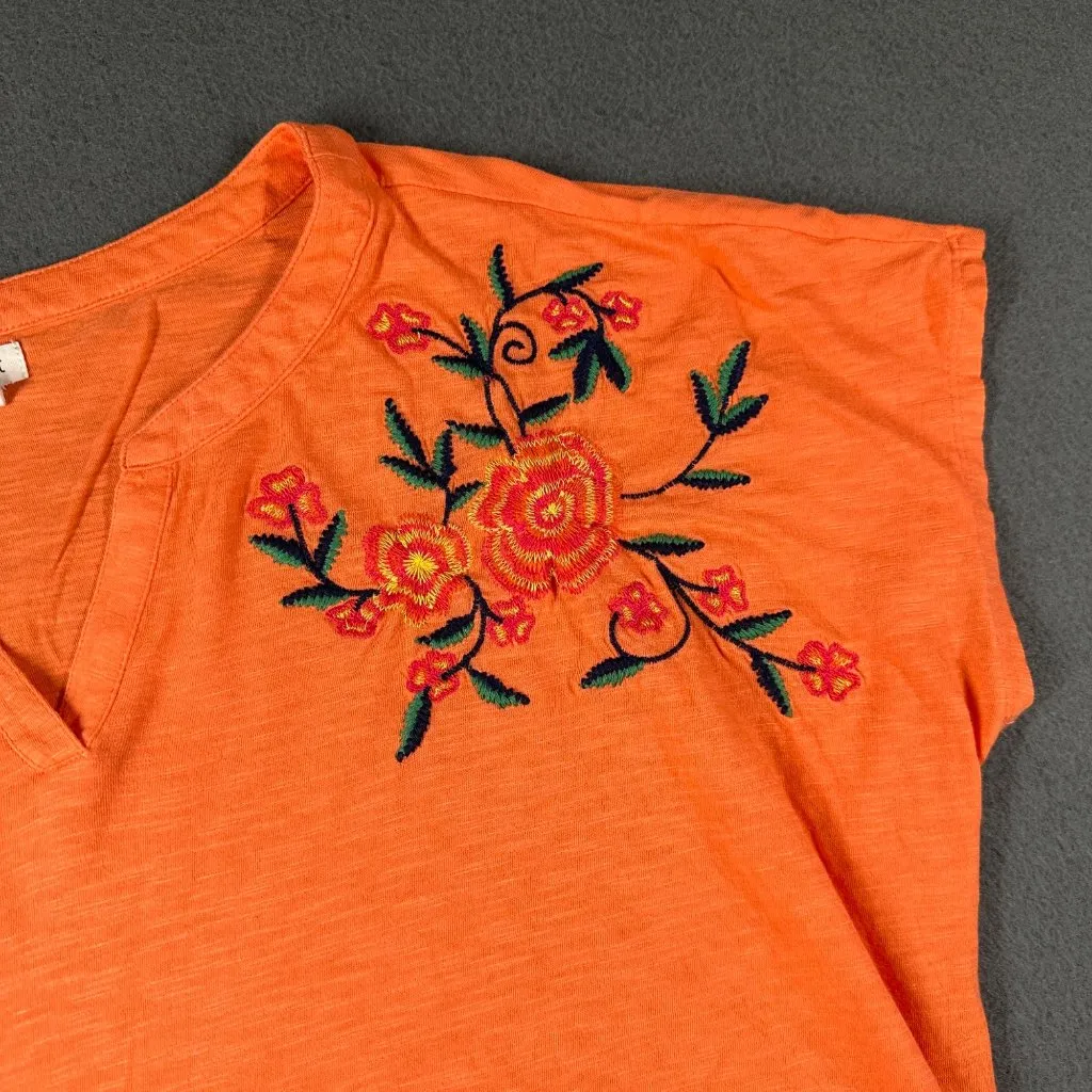 Westport‎ Womens XL Orange Floral Embroidered Split V-Neck Short Sleeve T-Shirt - Image 4