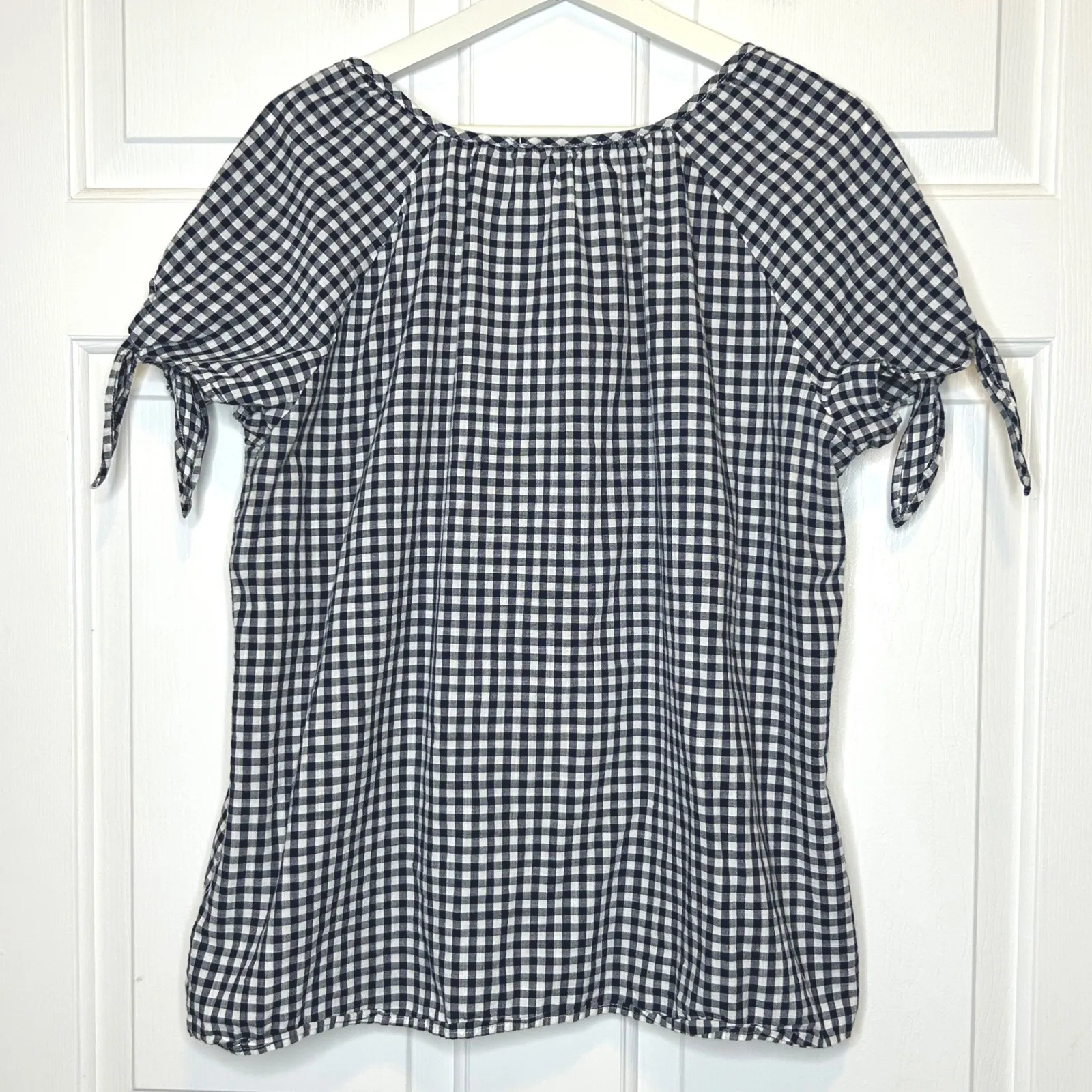 Westport 1962 Gingham Embroidered Tunic Top XL Navy White Red Tie Sleeves - Image 2