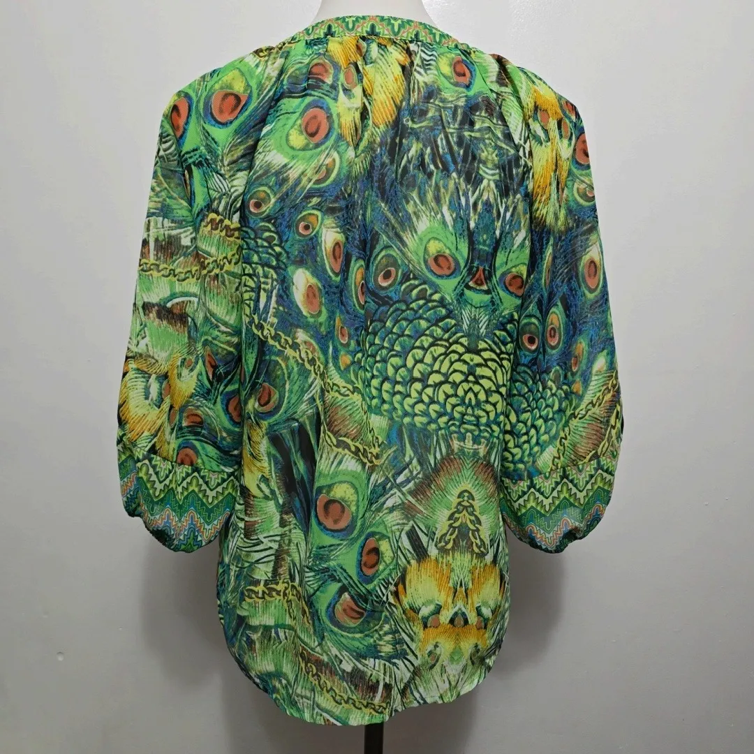 Figueroa Flower Blouse Small Peacock Print Bohemian Button Up Green Top - Image 5