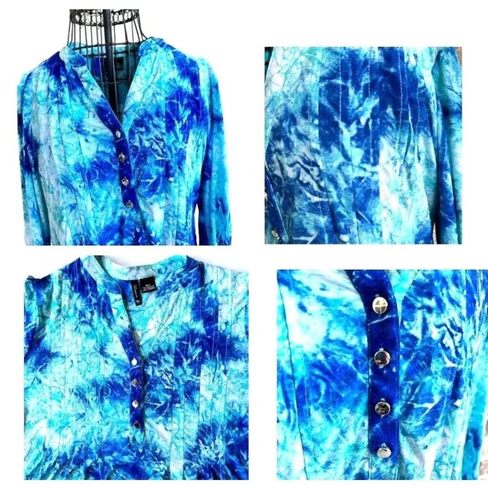 New Directions Tunic Top PM Petite Medium Blue Tie Dye Roll Tab Sleeves … Size undefined - Image 4
