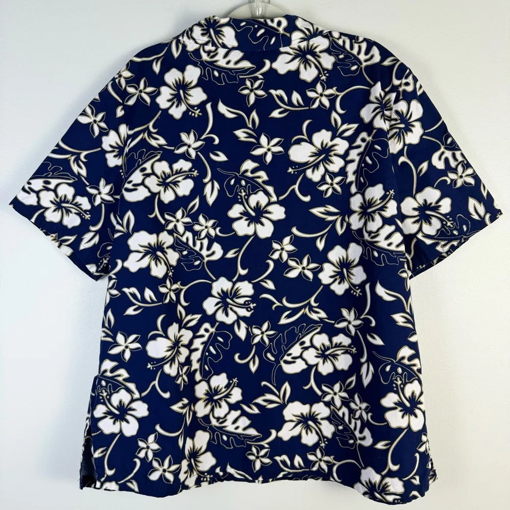 Hilo Hattie Hawaiian Shirt Navy Blue White Tan Floral Bold Button Front Shirt 1X - Image 6