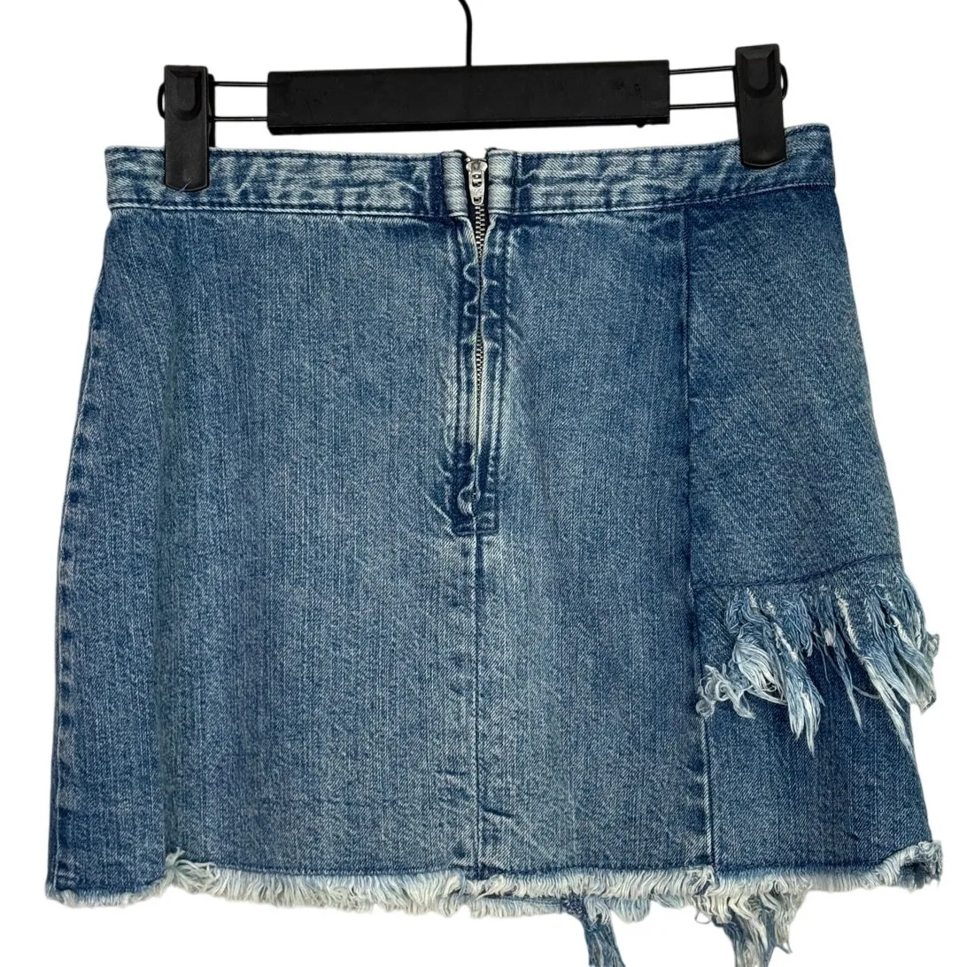 Zara Frayed Distressed Raw Hem Denim Mini Jean Skirt Zip Up Lightweight XS Blue - Image 5