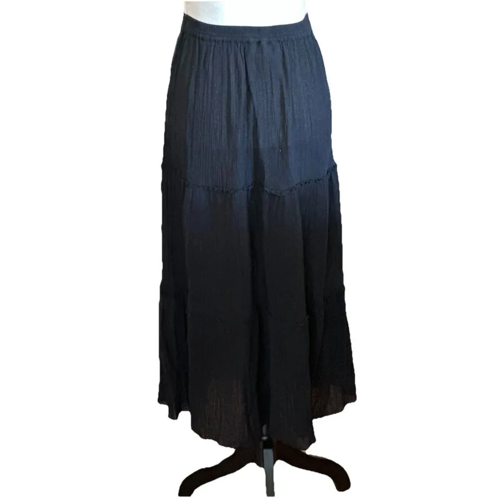 Two Twenty Collection Tiered Midi Skirt Fairy Pull On A Line Size M 100% Cotton Black Size M - Image 2