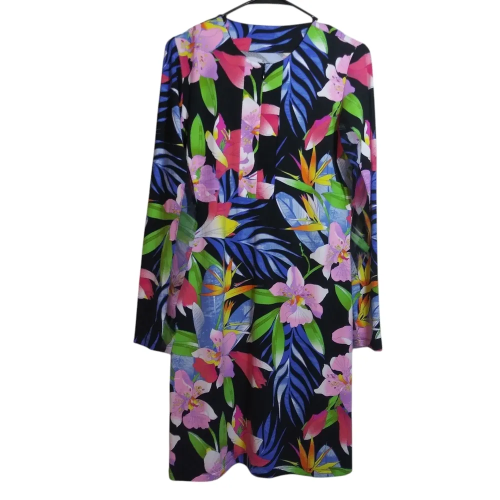 IBKUL Rio Zip Front Crew Neck Dress L Black Multi Long Sleeve Golf UPF 50 Size S Pink - Image 2