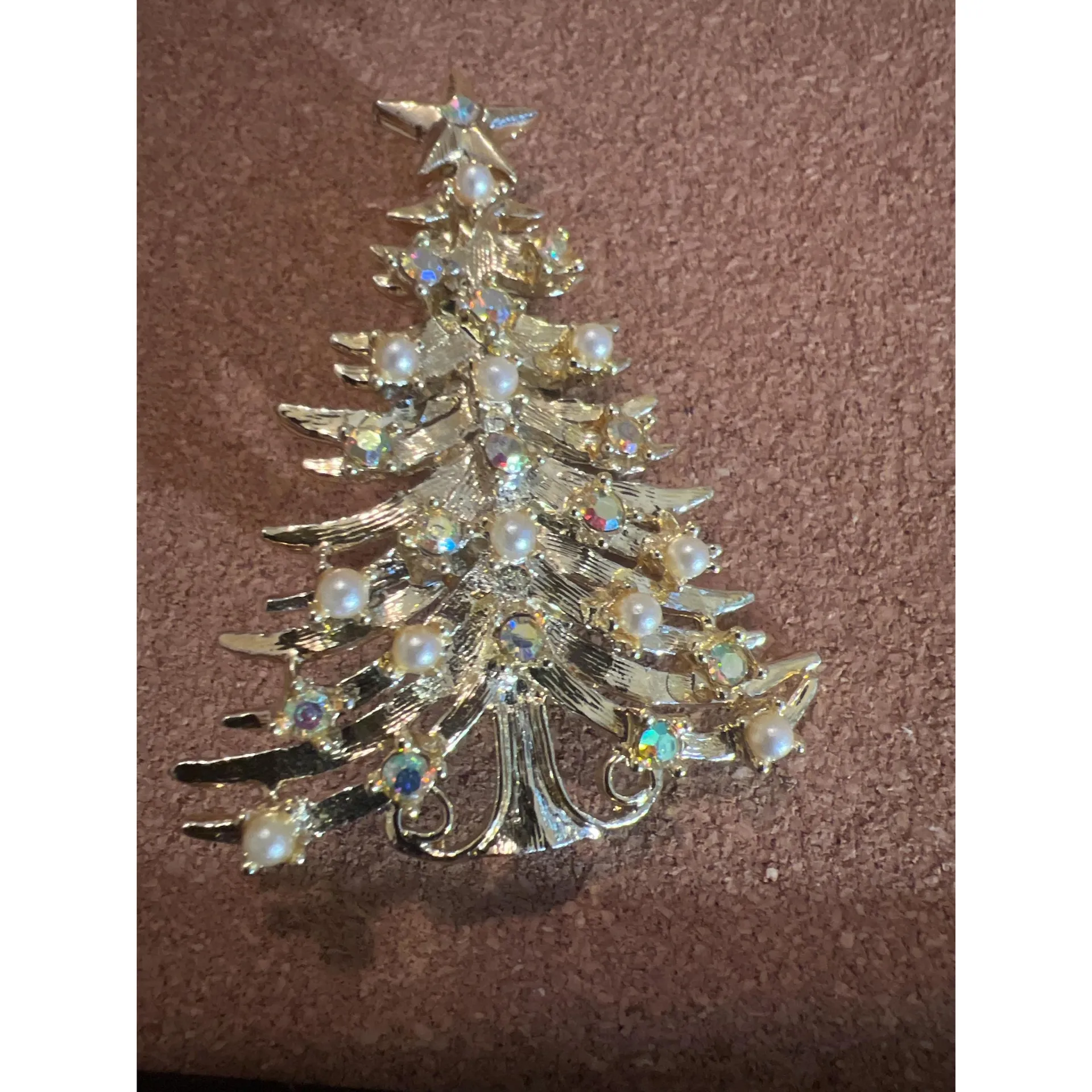 Signed Tancer II Christmas tree brooch goldtone faux pearl aurora Bareilles 2.75 - Image 2