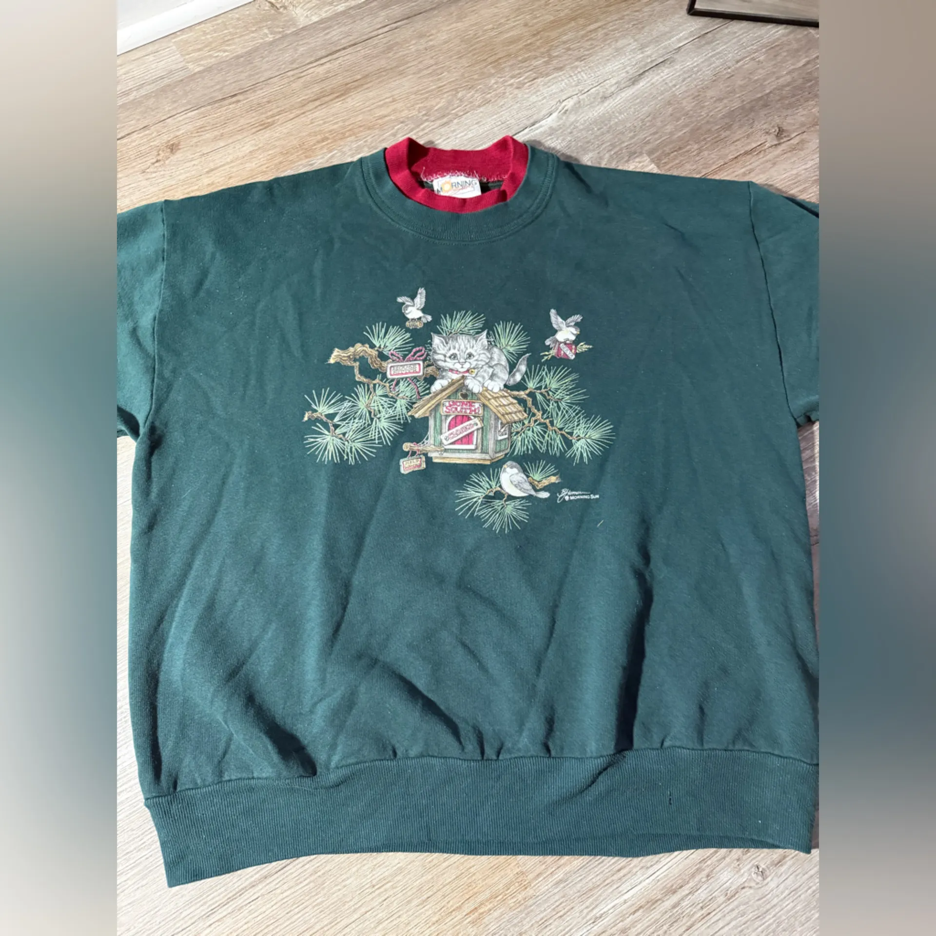 VTG MORNING SUN Green Kitten Cat Birdhouse Christmas Sweatshirt Green Red Size L Size L - Image 2