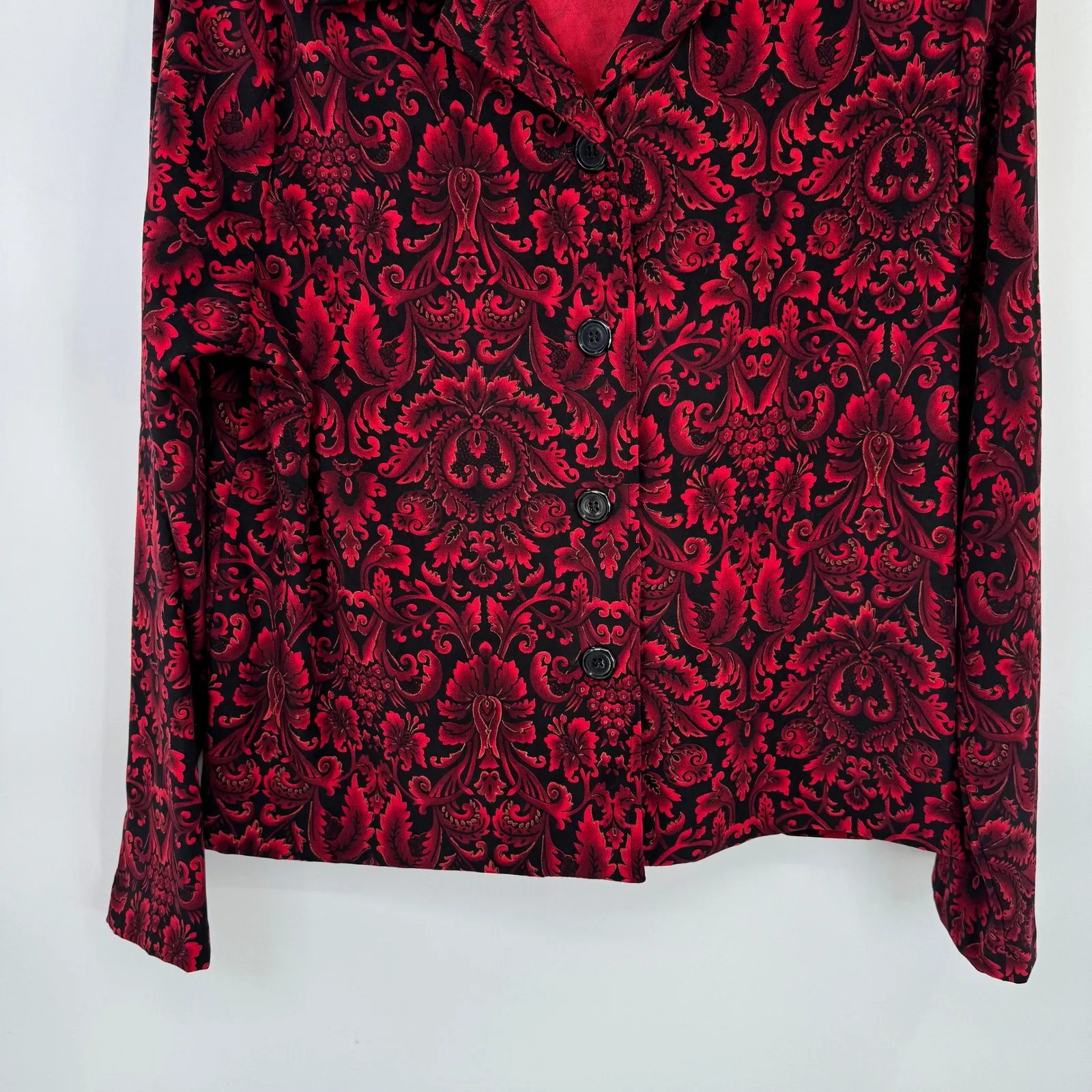 Briggs New York Button Front Shirt Red Black Damask Polyester Microsuede size PL - Image 3