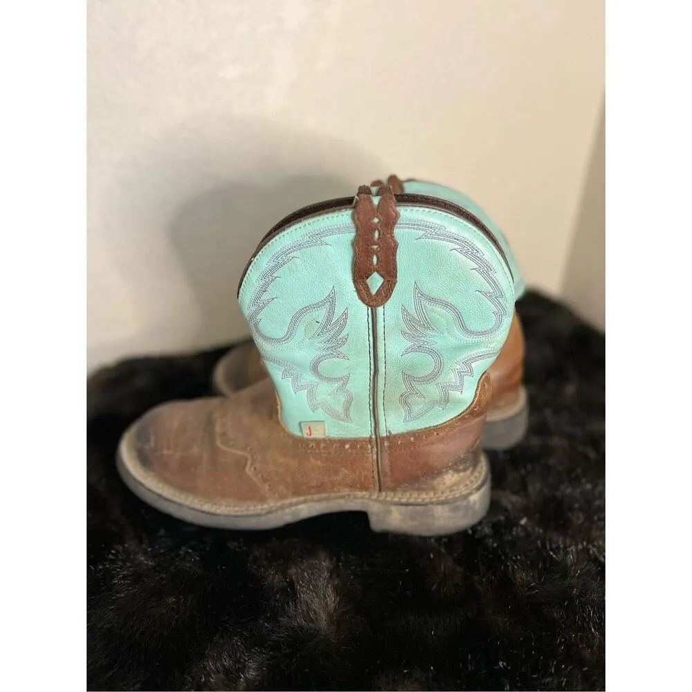 Justin Gypsy Boots Roper Style Womens 10 B Waterproff Round Toe Brown & Teal - Image 5