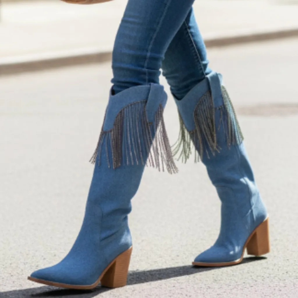 NEW Venus Cowgirl Embellished Fringe Blue Denim Boot - Image 4