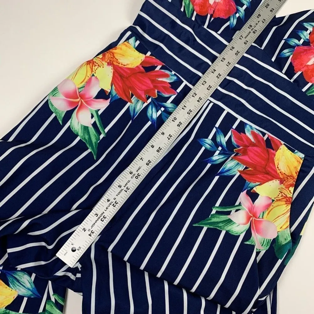 Chicways Floral and Striped Jumpsuit Size Large Hibiscus Flower Vneck blue - Image 6